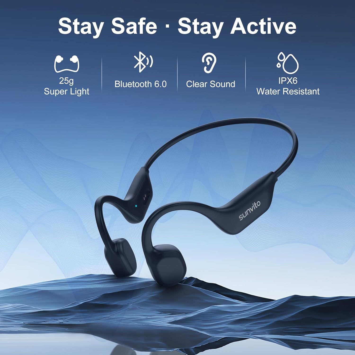 Bone Conduction Headphones, Open Ear Bluetooth 6.0 Headphones with Mic, Lightweight Wireless Sports Headphones, 10H Playtime, IPX6 Sweatproof Headphones for Running, Gym, Cycling